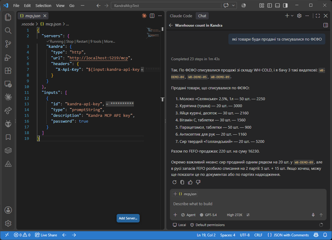 GitHub Copilot Chat in VS Code answering a question about FEFO-costed sales, using the Kandra MCP server configured in .vscode/mcp.json